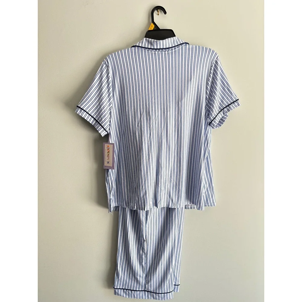 Joyspun Pajama Set Women L Blue White Striped New Short Sleeve Button Down 2PC